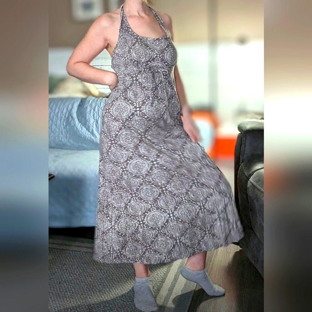Size Med, Denver Hayes Vintage Boho Geometric Halter Maxi Dress Brown Cream